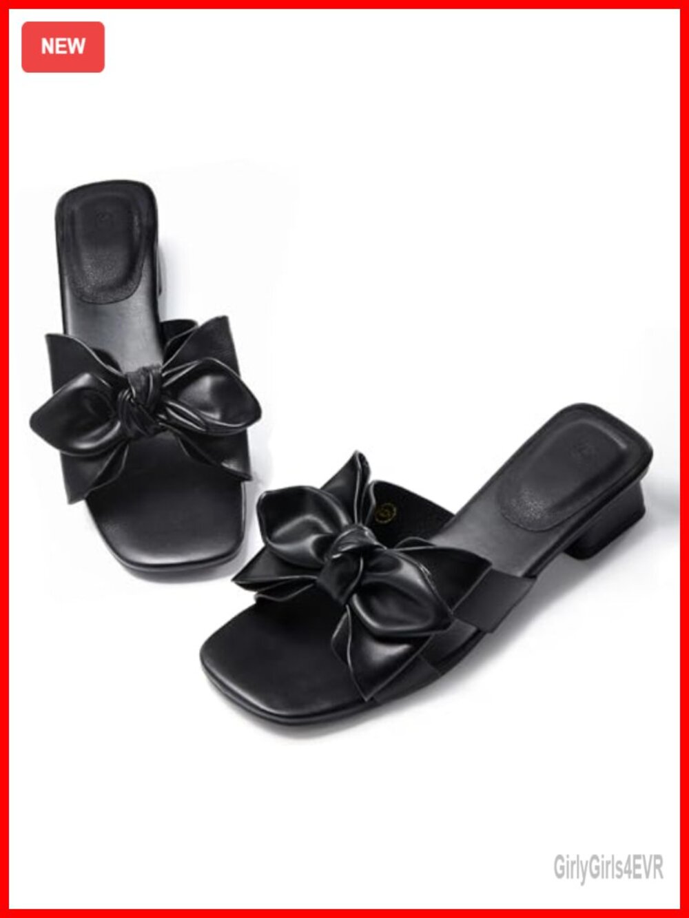Faux Leather Bow Slide Sandals Chunky Block Low Heel Slip On Mules